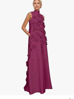 RYANTH Mother of The Bride Wedding 3D Flower Formal Dress with Pockets Hot Pink